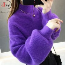 Frauen Dicke Mohair Rollkragenpullover Weiche Laterne Hülse Kurze Pullover Mode Herbst Winter Einfarbig Jumper