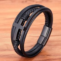 XQNI Luxuriöses mehrfarbiges Kreuzdesign, klassisches Herren-Lederarmband aus Edelstahl, 19/21/23 cm. Wählen Sie hübsche Weihnachtsgeschenke