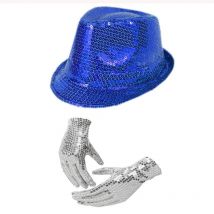 LUCKYLIANJI Men Women Michael Jackson Silver Sequin Glove + Capone Party Trilby Dance Adults  Party Prop Hat Set (One Size:58cm)