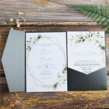 Biglietto d'invito per matrimonio nero Tri-Fold Pocket Shimmer Country Party invita un design personalizzato multi colori