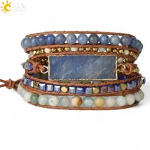 Naturstein mehr schicht iges Leder armband für Frauen blau Aventurin Kristall Hämatit Perle umwickelt Armband 5 Boho Schmuck s564