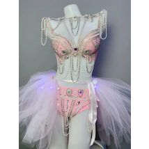 Sexy LED Leistung Bühne Tragen Rosa Perle Strass Bikini Set Nachtclub Frauen DJ Pole Dance Kostüm