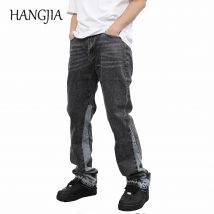 Vintage Flared Jeans für Männer Y2k Streetwear Frayed Jean Hosen Baggy Hip Hop Graffiti Colorblock