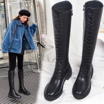 FHC Fashion INS Kniehohe Stiefel, Ritterstiefel für Damen, verdickte Plüsch-Winterschuhe, britischer Stil, Blockabsatz, Schnürung vorne, Schwarz,