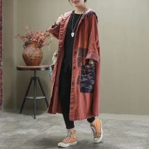 Frühling Herbst Neue Kunst Stil Frauen Langarm Lose Graben Mantel Vintage Print Baumwolle Denim Mit