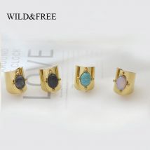 Wild&Free Stainless Steel Gold Plated Wide Rings For Women Big Natural Stone Finger Ring Vintage Jewelry Best Gift