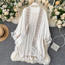 TEELYNN Weiß Baumwolle Ethnische Stickerei Kimono Robe Frau Lange Bluse Strickjacke Ssummer Boho Strand Tassle Bohemian Bikini Cover Up