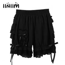 Women's Vintage Victorian Gothic Layered Ruffle Lace Trim Loose Pumpkin Bloomers Shorts Elastic Waist Costume Pantaloons Bottoms