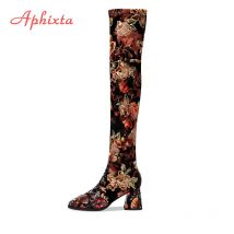 Aphixta Über die Knie Stiefel Sticken Blume Platz Heels Schuhe frauen Lange Schuhe Casual Spitz Lange Stiefel Frauen