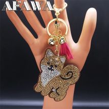 Pet Dog Akita Crystal Keyrings Big Tassel Female Bag Charm for Handbags Women Gold Color Jewelry porte clef mignon K7351S01