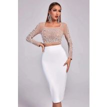 Top Qualität Promi Weiß Zwei Stücke Gesetzt Perle Perlen Aushöhlen Rayon Verband Kleid Party Mode
