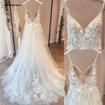 Spaghettiträger Vintage Spitze Brautkleid mit V-Ausschnitt Brautkleid Tüll Strand Brautkleid