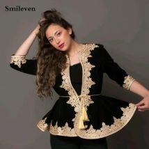 Smileven Velvet  Black Karakou Algerian Caftan Evening Dresses Only Jacket Detachable Belt Prom Dress Gold Lace Party Gowns