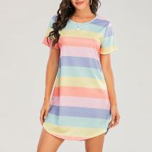 Sexy Pyjamas Nachtkleid für Frauen Kurzarm Regenbogen Gestreiftes Nachthemd Lose Dormir Tops Große Größe Freizeit Nachtwäsche S-5XL