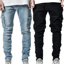 Herren Mode elastische dünne Cargo hose Jeans Männer einfarbig Multi Taschen lässig Slim Fit männliche Jeans hose Herren bekleidung