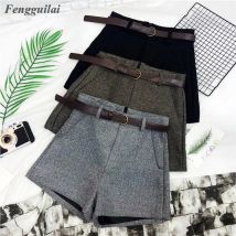 Herbst Winter Formalen Shorts Frauen Koreanische Hohe Taille Dick Mit Schärpen Breite Bein Shorts Weibliche Grau Schwarz Grün Casual Boden