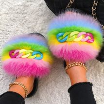 Echte Fuchsfell-Hausschuhe, flauschige Flip-Flops, glänzende Kette, pelzige Fell-Slides, Plüsch-Hausschuhe, Damen-Strand, flache Sandalen, Sommerschuhe