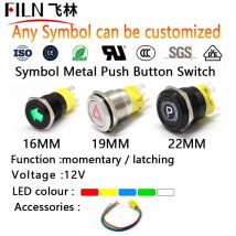 FILM 16mm 19mm 22mm 12v LED 1NO1NC Metall Druckschalter Armaturenbrett Benutzerdefiniertes Symbol Momentary Latch on Off Auto Moto Schalter