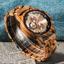 KUNHUANG Fully Functional Mens Golden Wooden Watches Male Sports Wood Quartz Men Watches Waterproof Wristwatch Relogio Masculino