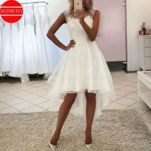 Sexy Vestido De Noiva Einfache Spitze Kurzes Hochzeitskleid 2020 Boho High Front Low Back Strand Brautkleid Perlen Applikationen Organza