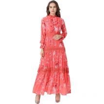 MoaaYina 2021 Spring Runway Elegant Party Dress Women Lace Patchwork Full Sleeve Vintage Floral Print Long Holiday Dress