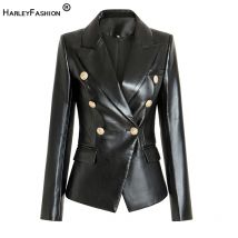 HarleyFashion European American Top-Qualität PU-Leder Fittness Goldknöpfe Slim High Street Damen
