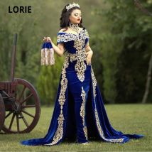 LORIE Moroccan Caftan Evening Dress Gold Appliques Lace Cap Sleeve Royal Blue Mermaid Velvet Arabic Party Prom Gowns Customized