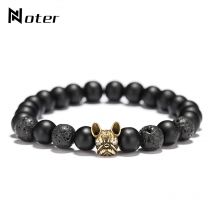 Noter New French Bulldog Armband Men Vintage Copper Beaded Bracelet Natural Onyx Lava Stone Bracelet Erkek Bileklik Pulseras