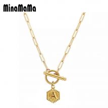 Stainless Steel Geometry Tag 26 Letter Initial Pendant Necklaces For Women Alphabet Toggle Choker Necklace Name Jewelry