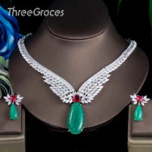 ThreeGraces Trendy Grün CZ Zirkon Stein Braut Hochzeit Halskette Ohrringe Schmuck Sets für Frauen
