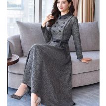 M-3XL 2021 Frühjahr Neue Ankunft Elegante Peter Pan Kragen Einfarbig Sammeln Taille Lange Hülse Frau Lange Kleid
