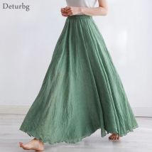 Hochwertiger Maxirock aus Baumwollleinen für Damen, lässig, elastisch, hohe Taille, plissiert, A-Linie, Strandröcke, Boho Saia Feminina Faldas Jupe