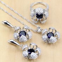 Schmuckset aus 925er-Sterlingsilber, blauer Zirkonia mit Perlen, Schmucksets für Frauen, Hochzeit, Ohrringe/Anhänger/Ring/Halskette