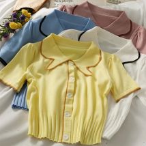 2021 sommer Frauen Gestrickte Kurzarm Patchwork Polo Kragen Cropped T-shirts Mädchen Große Elastische Dünne T-shirt Tees Crop Tops