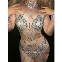 Sparkly Crystals Nude Jumpsuit Stretch Stones Outfit Celebrate Bright Rhinestones Bodysuit Costume Female Singer Birthday Dress