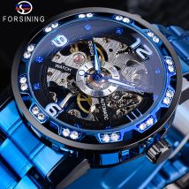 Forsining Blau Diamant Transparent Skeleton Männer Mechanische Uhr Edelstahl Leucht Hände Armbanduhr Casual Business Uhr