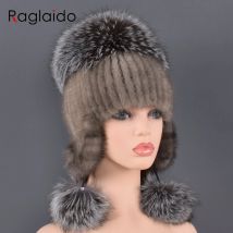Natürliche Pelzmütze für Frauen, echtes Nerzfell und Fuchspelz, handgefertigt, Winter-weibliche Mütze, echtes Pelz gefütterte Mützen, große Fuchspelz-Pompom-Hüte