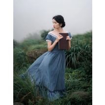 Frauen Rosa Kleid Sommer Vintage Elegante Schlank Europäischen Romantik Blau Kleid Retro Spitze Sexy Slash Neck Casual Täglichen Midi Kleid