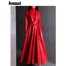 Nerazzurri Hohe Qualität Rot Schwarz Maxi Pu Leder Graben Mantel für Frauen Extra Lange Umsäumte