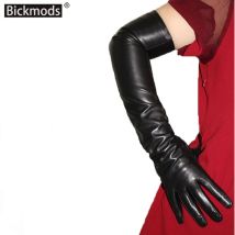 Touchscreen extra lange Leder Schaffell Handschuhe Damen schwarze Mode einfache gerade Stil Samt futter Winter warme Ärmel