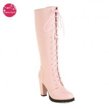 Kniehohe Damenstiefel mit Schnürung und seitlichem Reißverschluss, modischer Winterstiefel für