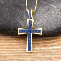 Nidin Neues Design Kreuz Blauer Kristall Anhänger Kette Halskette Kupfer Kubikzircon Halsband 4 Farben Auswahl Religion Schmuck Geschenke