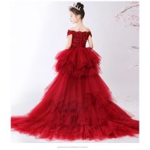 Off Schulter Rot Spitze Mädchen Hochzeit Partei Blume Mädchen Kleid Lange Schleppende Kinder