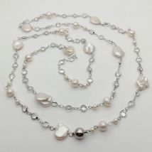 42" Cultured White Keshi Pearl White Gold color Plated Cz Pave Chain Long Necklace & pendants women's clothing accessories