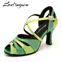 Ladingwu Strass Tanz Schuhe Latin Salsa Dance Mädchen Schuhe Dunkelgrün Licht Grün Gradienten Dance