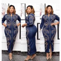 HOUSEOFSD High Quality Long Sleeve Jeans Dress African Women Fashion Zipper Beading Denim Maxi Dresses