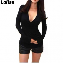Lollas eng anliegendes Modestil V-Ausschnitt Langarm schlank dünn einfarbig Hemd bequemes Top
