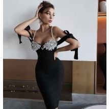 Neue Frauen Sommer Sexy Backless Perle Diamanten Kristall Schwarz Mini Bodycon Verband Kleid 2021