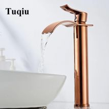 Grifo de lavabo de oro rosa, grifería de cascada de latón, mezclador de lavabo de baño, grifo de fregadero dorado caliente y frío