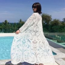 2022 kleid Strand Weiß Spitze Sommer Maxi Kleid Frauen Lange Hülse Strand Cover Up Sexy Sehen Durch Boho Bikini Bademode abdeckung-ups